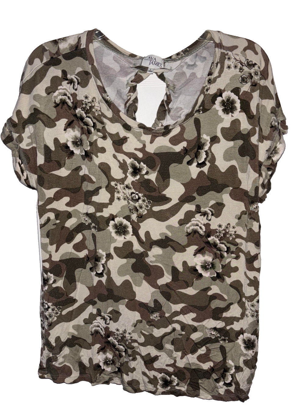 Ava James Floral Camo Top Womens L Short Sleeve Braid Twist Back Cutout T-Shirt